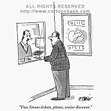 'Two Stones tickets, please, senior discount.' Cartoon print by Peter Steiner, Published in The New Yorker on 1/12/1998