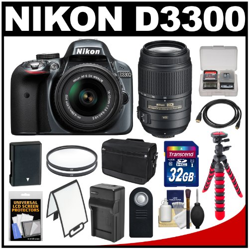 review Nikon D3300 Digital SLR Camera & 18-55mm G VR DX II AF-S Zoom Lens (Grey) with 55-300mm VR Lens + 32GB Card + Shoulder Bag + Battery & Charger + Tripod + Kit