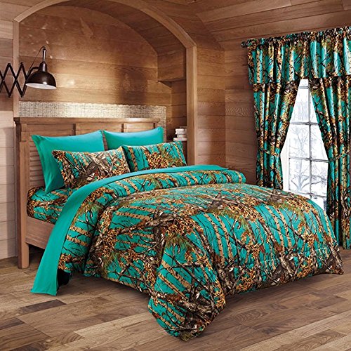 Woodland Hunter Camo Comforter, Sheet & Pillowcase Set (Teal, Queen)