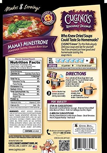 Cugino's Gourmet Foods, Ridiculously Delicious Soup Mixes, 7.4 Ounce Pouch (Pack of 5) (Choose Flavors Below) (Mama's Minestrone 7.4oz)