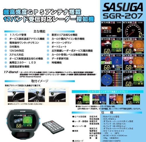 【SGR-207】SASUGA　１７バンド受信２インチTFT液晶レーダー探知機　高感度ＧＰＳアンテナ搭載