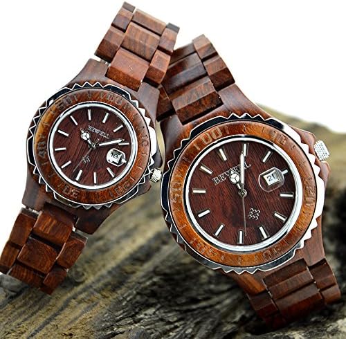 IChanger WT-100BG Couple Wooden Quartz Watch for Lovers Men and Women 30M Water Resistance Date Display Fashion Watches (Red Sandalwood)