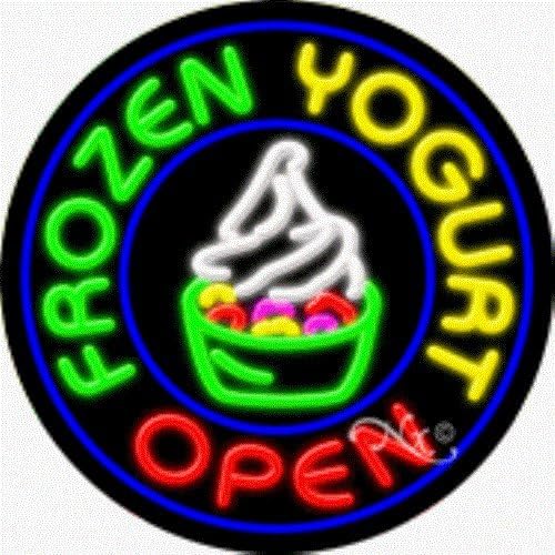 26"x26" Frozen Yougurt Open Round Neon Sign W/Border & Logo