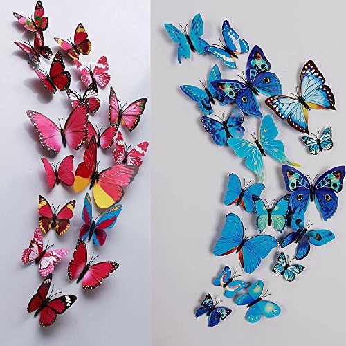 24 Pcs 3D Butterfly Wall Stickers Art Decor Decals(12Pcs Blue + 12Pcs Rose Red)