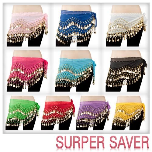 (Price/10 Pcs)BellyLady Wholesale Lots Of 10 Chiffon Dangling Gold Coins Belly Dance Hip Scarves