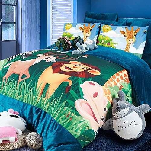 MeMoreCool Home Textile Cartoon Happy Animals Kids Students Bedding Set Cute Animals Thicken Duvet Covers Coral Fleece Warm Bed Sheets Boys Girls Bedding Full Size 4Pcs