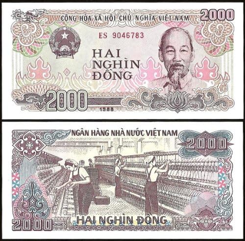 2 Consecutive Vientamese Dong in Cases UNC 2000 Dong Note 1988
