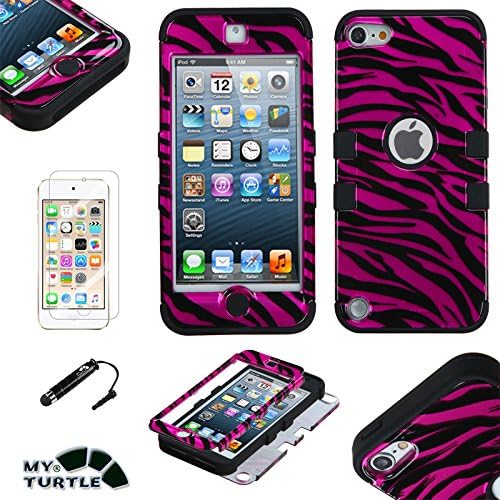 Apple iPod Touch 5th 6th Generation Case MyTurtle TM Shockproof Hybrid 3 Layer Hard Premium Silicone Shell Cover with Stylus Pen + Screen Protector (Pink Zebra)