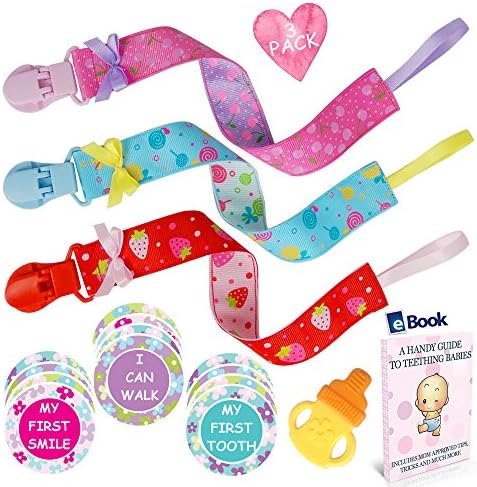 Premium Pacifier Clip Girl 3Pk Bundle - Bonus 12 Milestone Stickers, Silicone Soothie Teether &amp; Teething eBook - 2 Sided Binky Holder - Fits Mam, Nuk, Tommee Tippee, Bibs &amp; Toys-Best Baby Shower Gift