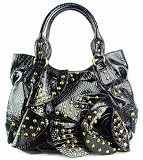 Black Leather Handbag - Crocodile Embossed Flower Hobo, Tote or Satchel