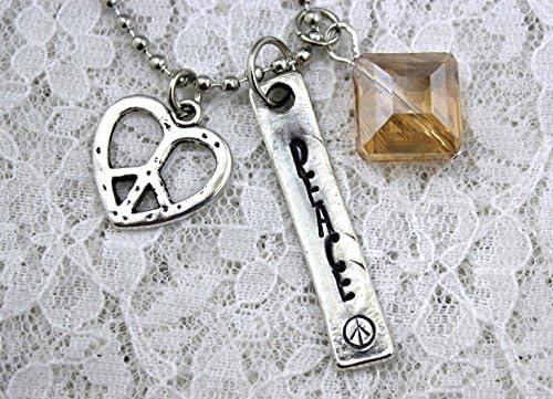 Hand Stamped PEACE bar necklace with beaded dangle