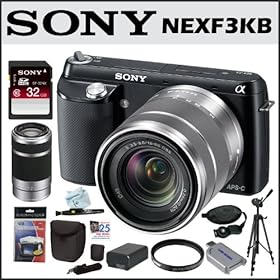 Sony NEXF3KB DSLR Camera Black + Sony 55210 Lens + 32GB Secure Digital Memory Card + Sony Case + Fitted Case + Extra Battery + Tiffen Filter + Full size Tripod + Accessory Kit