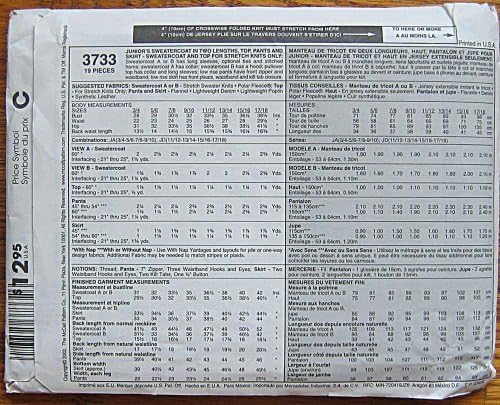 McCall's 3733 Sewing Pattern ~ Junior NY Sweatercoat in 2 Lengths, Top, Pants & Skirt, Sizes 11/12-13/14-15/16-17/18