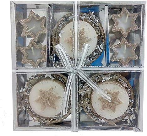 Candle Set Gift Box of Decorative Holiday Candles - Glittering Star and Round Candles with Holders- Unscented - Great Stocking Stuffer