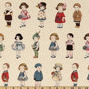 44-Wide-Aunt-Lindy-s-Paper-Dolls-Small-Dressed-Natural-Fabric-By-The-Yard