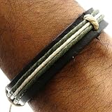 Image of Dark Brown Leather Cuff With Green & Cream Coloured Cord Wristband Bracelet