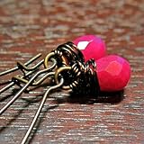 Fuchsia Uwea Wahi Earrings - cute handmade wirewrap dangles in bronze