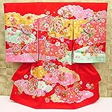 【雲どりに毬と小花・金駒刺繍・赤】 女児　初着　祝着 のしめ 産着 女の子のお宮参り着物 高級 フードセットプレゼント付