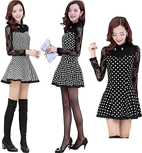 ワンピース ミニ 水玉 小花柄 千鳥格子 レース 裾レース シースルー デート パーティ ２次会 ワイルド キュート エレガンス カジュアル レディース 秋物 冬物 可愛いスカーフ付き R430