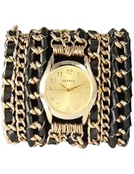 Geneva Multi Chain Leather Ribbon Wrap Watch with Gold Face - Black