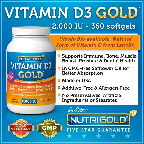 Vitamin D3 GOLD - 2000 IU, 360 Softgels (GMO-free, Preservative-free, USP Grade Vitamin D from natural source)