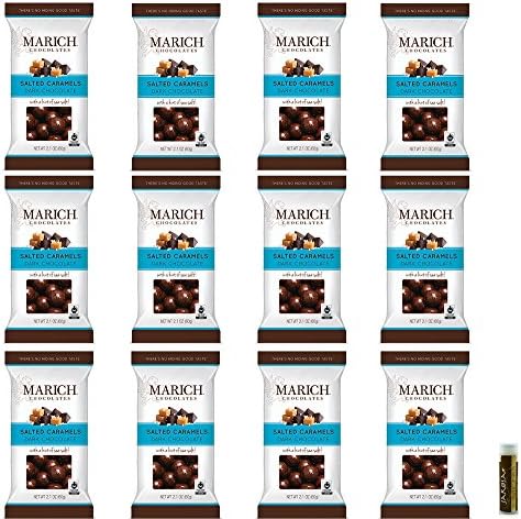 Marich Dark Chocolate Variety Set - Dark Chocolate Sea Salt Salted Caramels 2.1 oz/60g Pack of 12 with a Jarosa Bee Organic Chocolate Bliss Lip Balm