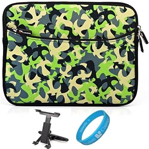 Green & Grey Camouflage Print Neoprene Sleeve Carrying Case Cover for Motorola Droid XYBOARD 10.1-inch Tablet (Motorola Droid XYBOARD (Motorola XOOM 2)) Android 3.0 Honeycomb Tablet + Headrest Tablet Mount + SumacLife TM Wisdom*Courage Wristband