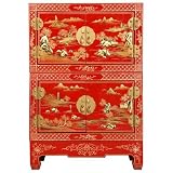 Handmade 27" Red Lacquer Wood Oriental Storage Cabinet With Gold Chinese Designs