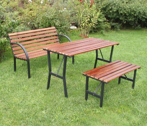 Gartensitzgruppe Granada, Hartholz+Metall ~ 1x Tisch, 1x Sitzbank, 1x Gartenbank, TEAK