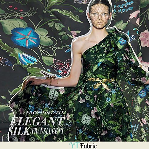 Green Silk Chiffon Fabric With Morning Glory Flower Pattern, Printed Silk Fabric By The Yard,1m