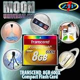 Transcend 8GB 600X CF Card Moon Universal Starter Kit. Kit Includes Transcends 8GB ULTRA High-Speed 600X CF card with UDMA and LIFETIME WARRANTY, Tabletop bendable Wire Tripod, Multi-Card USB Reader/Writer, LCD Protection Film Kit, Lens cleaning Kit and Memory Card wallet.