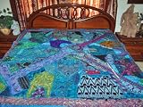 ZARDOZI EMBROIDERED BEADS SARI TAPESTRY BEDSPREAD COVERLET THROW WALL HANGING