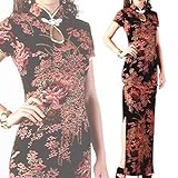 上品な和花柄☆半袖チャイナドレスLong黒x赤ラメ入uc76