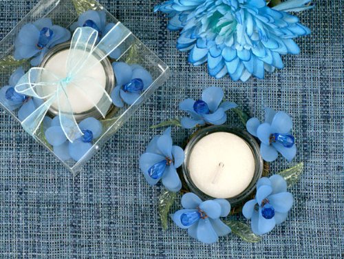 Elegant Frosted Blue Glass Flower Candle Holder - Wedding Party Favors