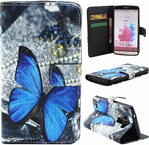 LG G3 Case,Vogue Shop Sparkle Pattern Premium Pu Leather Wallet LG G3 Wallet Case[Stand Feature] Type Magnet Design Flip Protective Credit Card Holder Pouch Skin Case Cover for LG G3 (Built-in Credit Card/ID Card Slot) [Flip Cover] with Foldable Stand, Pockets for ID, Credit Cards - Blue Flip Case for LG G3 (Blue Butterfly)