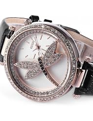 Fashion Unique Luxury Crystal Black Leather Women Analog Quartz Wrist Watch