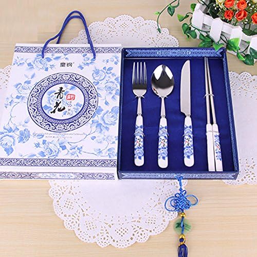 Stainless Steel Blue and White Porcelain Design Tableware Set Spoon Chopsticks Fork Knife Gift Box(Set of 4)