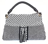Black Leather Handbag Woven Hobo with Rhinestone Pockets & Tassels Black and White
