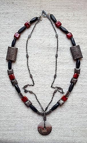 The Noir Rouge - Handmade Jewelry - Boho Chic - Gunmetal Plated Necklace designed with Ceramic, Blackstone &amp; Agate Gemstones - Handcrafted Designer Jewelry