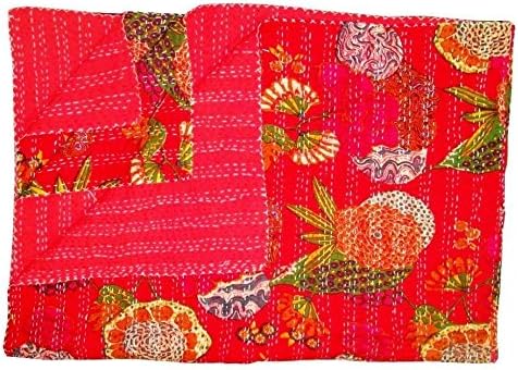 Handicraftshop Cotton Indian Kantha Quilted Bedspreads 90x60 IN Red