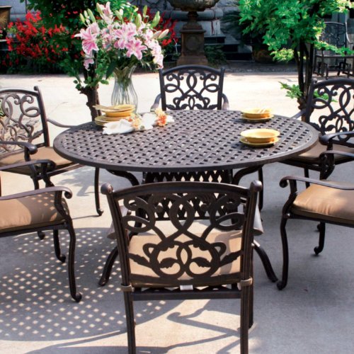 Darlee Santa Monica Cast Aluminum Outdoor Patio Dining Set With Cushions - 60 Inch Round - Antique Bronze