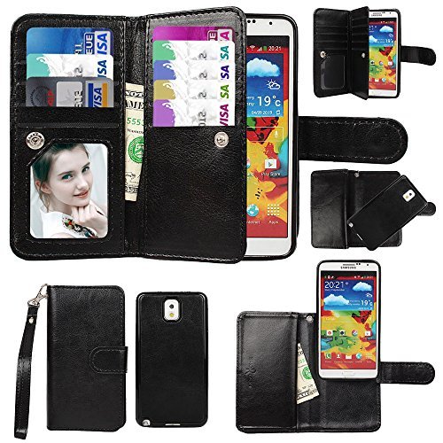 Samsung Galaxy Note 3 III Case, xhorizon TM Premium Leather Folio Case [Wallet Function] [Magnetic Detachable] Fashion Wristlet Lanyard Hand Strap Purse Soft Flip Book Style Multiple Card Slots Cash Compartment Pocket with Magnetic Closure Case Cover Skin ZA5 for Samsung Galaxy Note 3/III (N9000) - Black