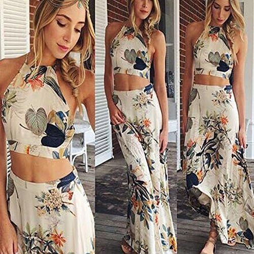 Janecrafts Women Floral Print Crop Top Cross Back Backless Two Piece Party Maxi Dress
