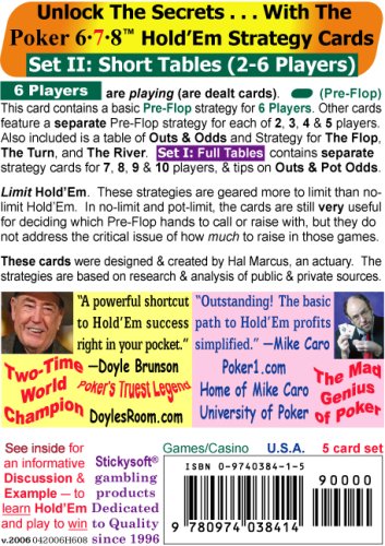 Poker 6-7-8 Hold'Em Strategy Cards Set II: Short Tables (2-6 Players)