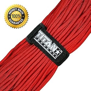 Authentic Titan Mil-Spec 550 Paracord / Survival Cord - 100 FEET, with FREE Velcro Fastener ★ Highest-Quality Paracords Available, RED