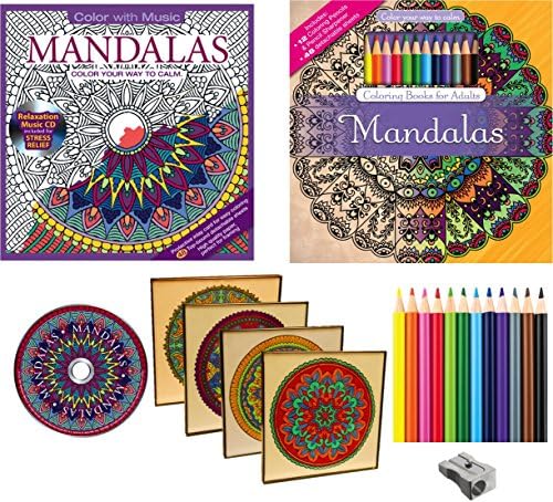 Mandalas Adult Coloring Books & Picture Frames Combination Set Includes: 4 Glass Picture Frames 8" x 8", 2 Mandalas Adult Coloring Books, 12 Colored Pencils, Pencil Sharpener and a Relaxation Music CD