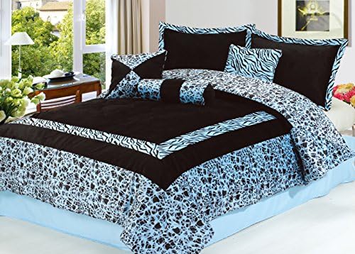 7 Pieces Faux Fur Safari Blue &amp; Black Zebra Animal Queen Comforter Set On Sale