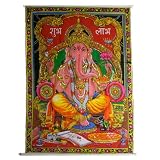 Large Printed Ganesh Cloth Wall Hanging with Sitara Work