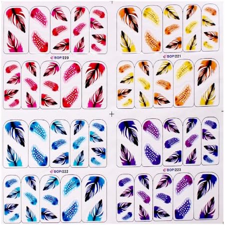 Nail Art Water Slide Tattoo Sticker:Colorful feathersr- 1 Pack 4 design