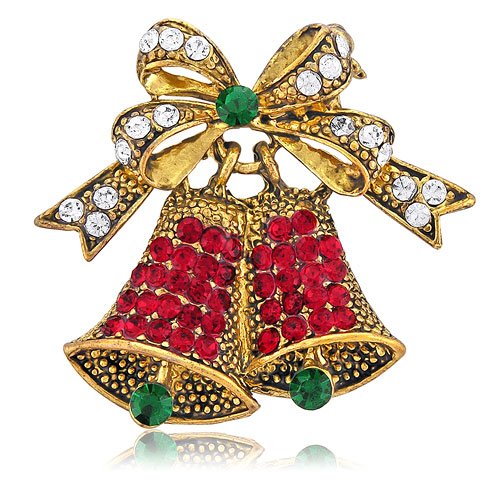 Vintage Inspired Christmas Bells in Crystal Brooch Pin - Ideal Gift For Mother, For Her, Birthday, Anniversary, Bridal, Wedding, Engagement